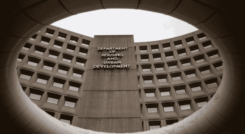 HUD HQ viewed through a circle from the plaza in front of building