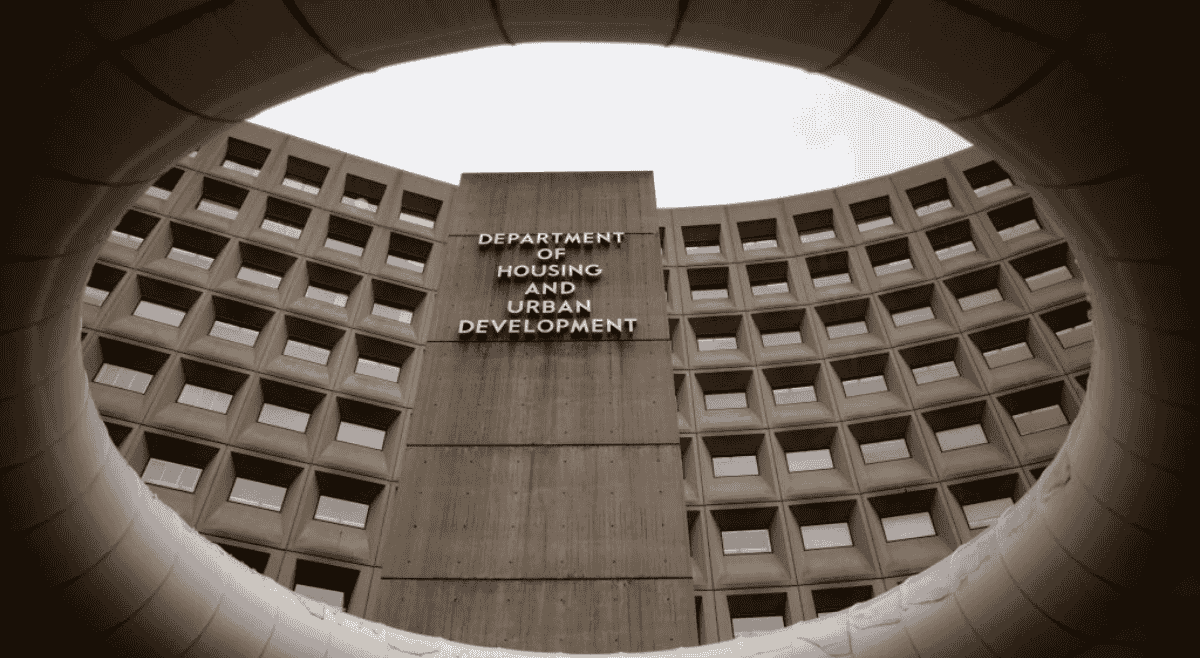 HUD HQ viewed through a circle from the plaza in front of building